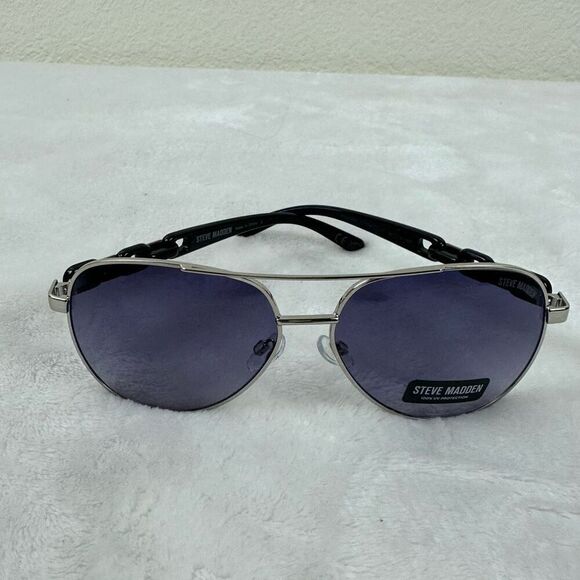 Steve Madden Women's Susana Aviator Sunglasses Silver Black Chunky Chain Side - Picture 4 of 7
